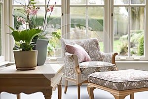 Conservatory room decor, cottage interior design and house improvement, garden furniture with sofa and home decor