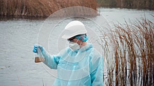 Conserve Water And Environment, Cientist Wearing Protective Uniform And Glove Under Working Water Analysis Determine