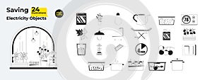 Conserving energy at household black and white 2D line cartoon objects bundle