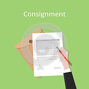 Consignment illustration concept a business man hand signing paper document with flat style