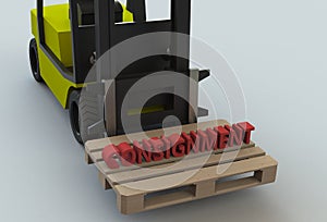 Consignment, message on wooden pillet with forklift truck