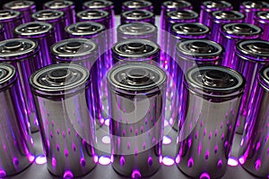 A consignment of new modern high-capacity lithium-ion cells. A prototype of new batteries on a laboratory table with UV light