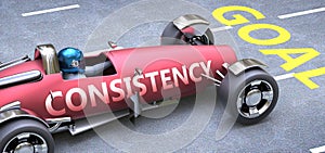 Consistency helps reaching goals, pictured as a race car with a phrase Consistency on a track as a metaphor of Consistency playing
