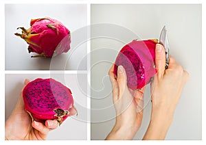 Consistent process of peeling exotic Dragon fruit isolated on grey background.