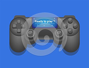 Consol Gamepad with screen with text `ready to play ?`. illustration vector isolated in blue background