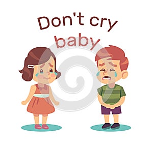 Consolation of weeping boy and girl. Crying and tantrum expression. Little sad children, tears on face. Negative kids