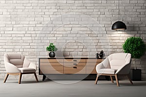 Console, armchair, and an empty white brick wall in 3D