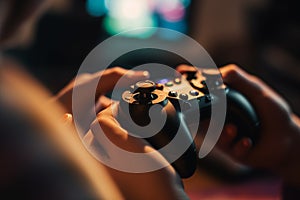 Console game controller in hand. Hands holding Wired Controller during playing games.