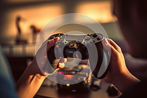 Console game controller in hand. Hands holding Wired Controller during playing games.