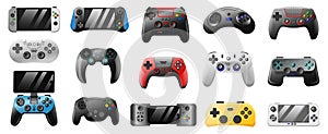 Console gamepad. Playing joystick, PC games controllers, video game wireless console, 3D video game devices vector