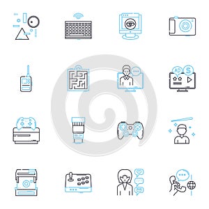 Console games linear icons set. PlayStation, Xbox, Nintendo, Controller, Multiplayer, Adventure, Action line vector and