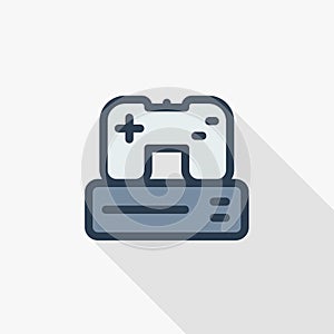 Console and joystick, gaming thin line flat color icon. Linear vector symbol. Colorful long shadow design.