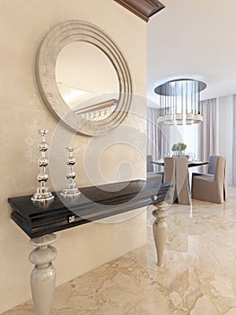 Console with mirror on the wall in the dining area, in the style