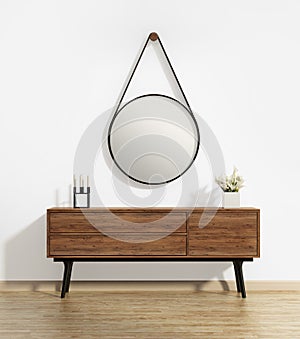 Console table with captain's round mirror