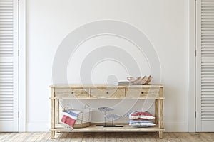 Console table near empty white wall. 3d render