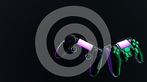 Console wireless gamepad concept 3d illustration. Neon violet and green