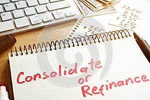 Consolidate or refinance handwritten in a notepad. photo