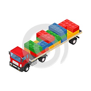 Consolidated freight. Isometric red large truck with trailer and plastic bricks.