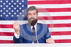 Consolidation of democracy. Bearded man on american flag background. Democracy and liberty. Sovereignty and independence
