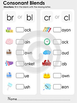 Consonant Blends : missing letter - Worksheet for education