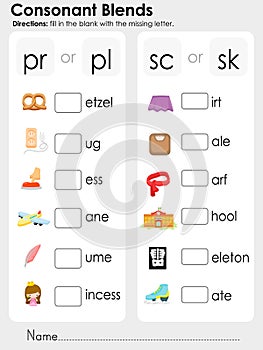 Consonant Blends : missing letter - Worksheet for education photo