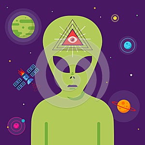 Conspiracy of masons and aliens against the background of space. telepathic communication with extraterrestrial