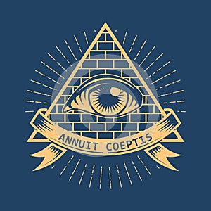 Conspiracy pyramid with all-seeing eye, freemason sign in tarot style, illuminati symbol