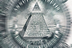 Conspiracy theory concept. All Seeing Eye and Pyramid on USA dollar banknote, macro photo