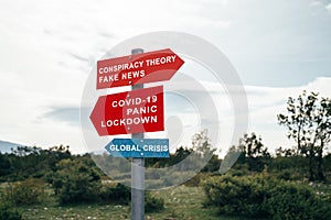 Conspiracy theory, fake news, Covid-19, panic, lockdown, global crisis road warning signs. Social media campaign for