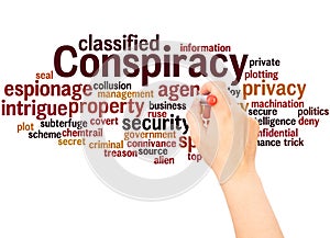 Conspiracy word cloud hand writing concept