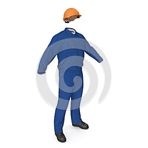 Consruction Worker`s Blue Overalls With Hardhat. 3D Illustration, isolated, on white