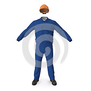 Consruction Worker`s Blue Overalls With Hardhat. 3D Illustration, isolated, on white