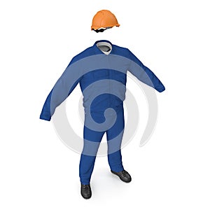 Consruction Worker`s Blue Overalls With Hardhat. 3D Illustration, isolated, on white