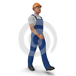 Consruction Worker Wearing Blue Overalls With Hardhat Walking Pose. 3D Illustration, isolated, on white