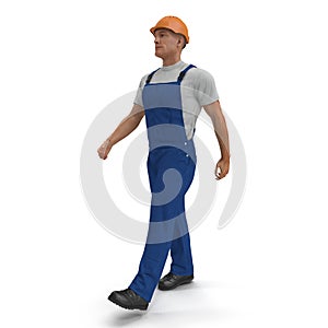 Consruction Worker Wearing Blue Overalls With Hardhat Walking Pose. 3D Illustration, isolated, on white