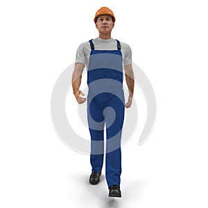 Consruction Worker Wearing Blue Overalls With Hardhat Walking Pose. 3D Illustration, isolated, on white