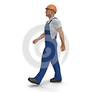 Consruction Worker Wearing Blue Overalls With Hardhat Walking Pose. 3D Illustration, isolated, on white
