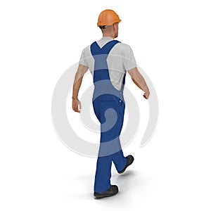 Consruction Worker Wearing Blue Overalls With Hardhat Walking Pose. 3D Illustration, isolated, on white