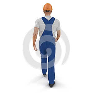 Consruction Worker Wearing Blue Overalls With Hardhat Walking Pose. 3D Illustration, isolated, on white