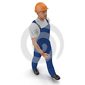 Consruction Worker Wearing Blue Overalls With Hardhat Walking Pose. 3D Illustration, isolated, on white