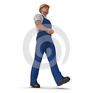 Consruction Worker Wearing Blue Overalls With Hardhat Walking Pose. 3D Illustration, isolated, on white