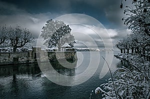 Constance Bay on Lake Constance in winter with snow