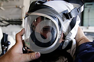 Romanian man using a firefighter mask