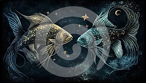 Constellation Pisces, zodiac. Fishes. AI generative. March photo