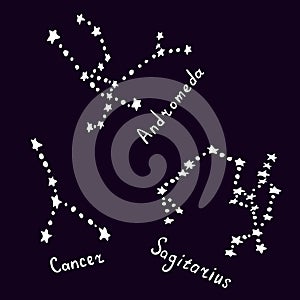 Constellations Cancer, Andromeda, Sagitarius. Vector illustration in doodle style. Hand drawn astrological images