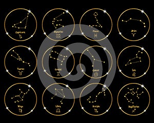 Constellations of zodiac signs in golden shiny circles, set. Golden design on a black background. Icons vector