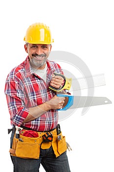 Constion worker holding two saws