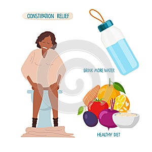 Constipation Relief. Foods That Help Relieve Constipation. Healthy nutrition Rules. Vector illustration isolated on