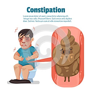 Constipation symptom in a man and poop in intestine. photo