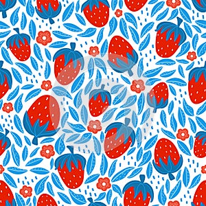 Constrast strwberry seamless pattern with blue and red colors on white background, oranate for kitchen textile